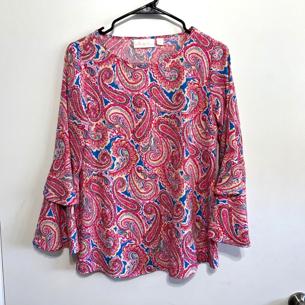 Belle by Kim Gravel Pink Paisley Tiered Bell Sleeve Blouse XXS Pink Blue Multi - Picture 1 of 7